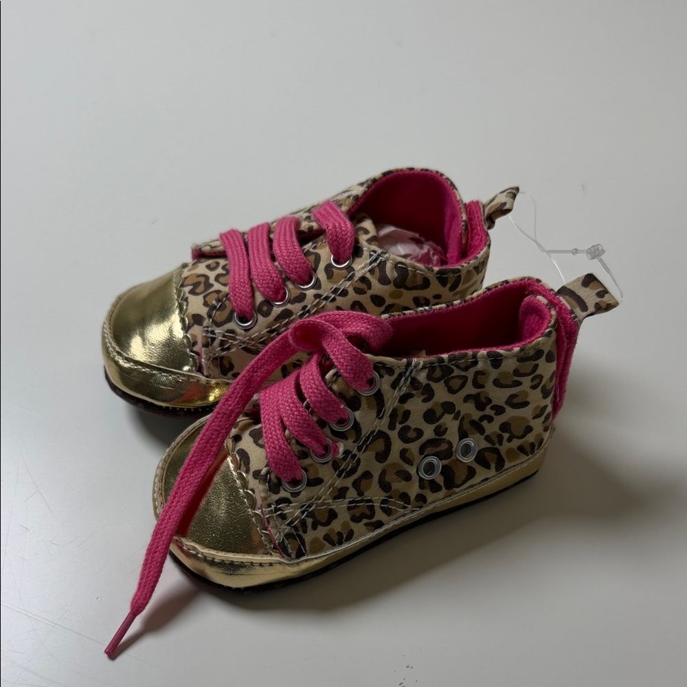 Leopard-Print Baby Walker Shoes with Pink Laces and Gold Toe